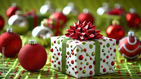 Obraz Green Backdrop with Xmas Splash Balls Ornaments and Present