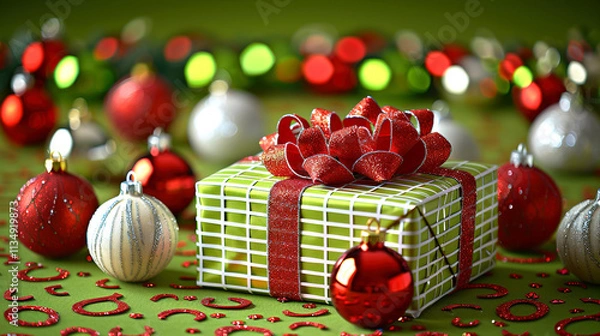 Obraz Green Backdrop with Xmas Splash Balls Ornaments and Present