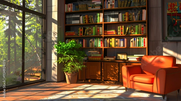 Obraz Cozy Reading Nook: Sun streams through a large window, casting warm light on a plush leather armchair, inviting you to curl up with a good book in the tranquility of a well-stocked library. 
