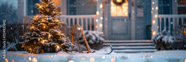 Obraz A Christmas tree glowing in the middle of a snowy courtyard, surrounded by illuminated holiday decorations