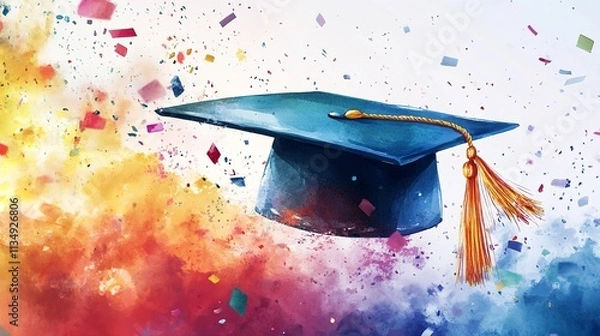 Fototapeta Abstract Watercolor Illustration of Graduation Cap with Confetti

