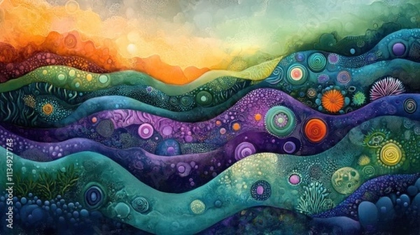 Fototapeta Vibrant waves of colors and shapes create an enchanting landscape of abstract beauty at dusk