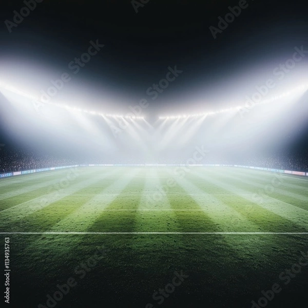 Fototapeta A dimly lit football stadium with illuminated floodlights highlighting the grassy field, creating an atmospheric pre-game ambiance.