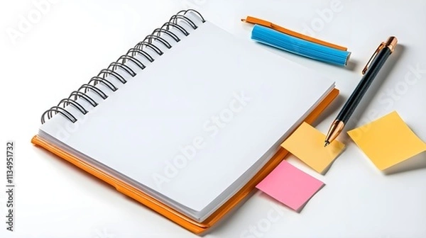 Fototapeta Blank Spiral Notebook with Colorful Pens and Sticky Notes on a Clean Table Surface for Creative Ideas and Note-Taking