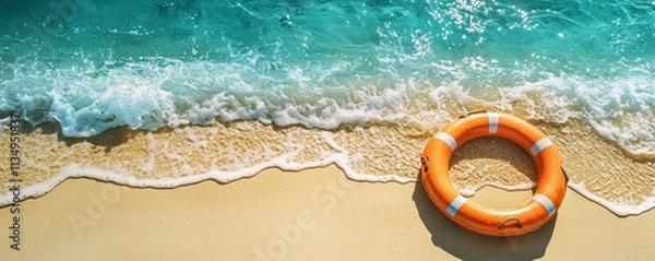Obraz Summer vacations and tropical beach banner with a life preserver lying on golden sand at the edge of the sea and copy space 