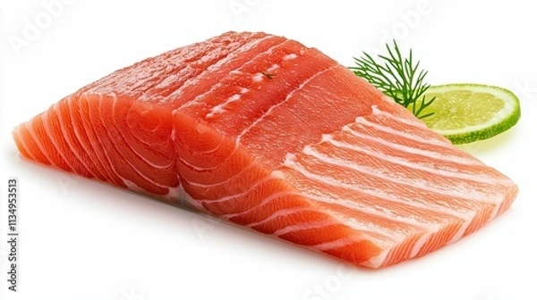 Fototapeta Fresh salmon fillet with lime and dill garnish