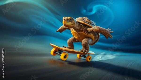 Fototapeta realistic turtle riding a sleek skateboard