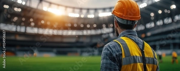 Fototapeta A construction worker in an orange helmet looks out over a stadium at sunset, symbolizing progress and dedication in sports infrastructure development.