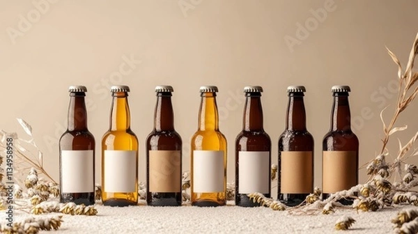 Fototapeta Seven beer bottles, each with a blank label, are neatly arranged in a row on a textured, rustic surface. The warm, inviting tones evoke thoughts of brewing traditions and craft beverage making.. AI