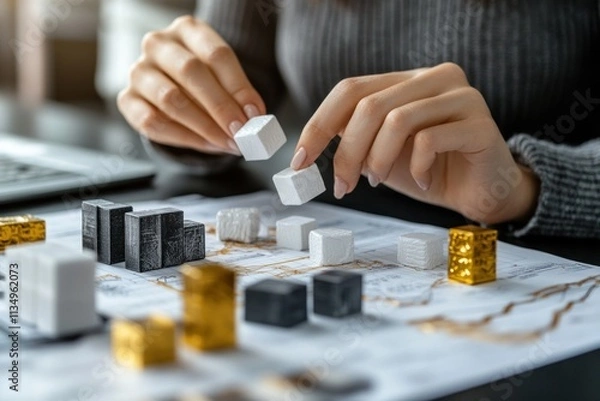 Fototapeta Close-up of hands arranging small cubes on a desk, planning or designing.