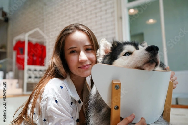 Fototapeta Woman holding a small Shetland Sheepdog with a kitten, showing love and affection for their pet