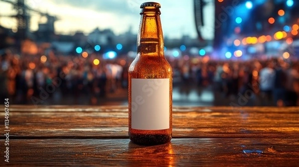 Fototapeta A cold beverage rests on a wooden table as evening fun unfolds in the background