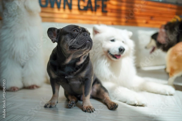 Fototapeta Two cute dogs playing with a ball, one white and fluffy like a Samoyed or Husky, the other brown, captured in a happy studio portrait