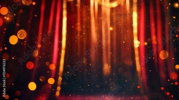Obraz Glittering red and gold lights with dreamy bokeh adorning an opulent theater stage, curtains drawn for a grand performance