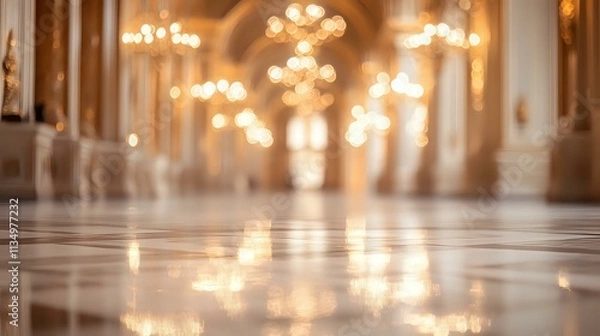 Obraz Glittering white lights with smooth bokeh reflecting off a marble floor in a grand palace hall