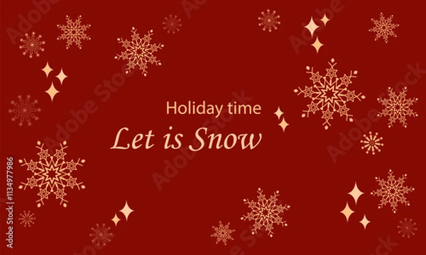 Fototapeta Bright festive burgundy background with gorgeous gold snowflakes and lettering. Vector stylish flat style banner with space for copying