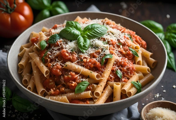 Fototapeta Bowl of whole-grain penne pasta with fresh tomato sauce, basil, and vegan parmesan, set on a wooden table, ai.