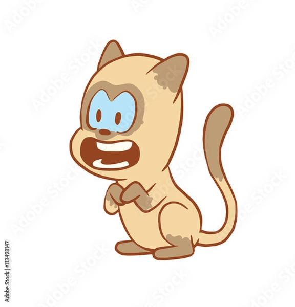 Fototapeta Vector cartoon image of a cute little beige-gray cat sitting with admiring expression on face on a white background. Color image with a brown tracings. Kitten. Positive character. Vector illustration.