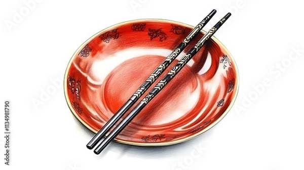 Obraz Red bowl with black chopsticks on white background.