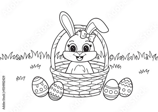 Fototapeta Adorable Easter bunny in a basket with decorated eggs, perfect for coloring pages and festive designs