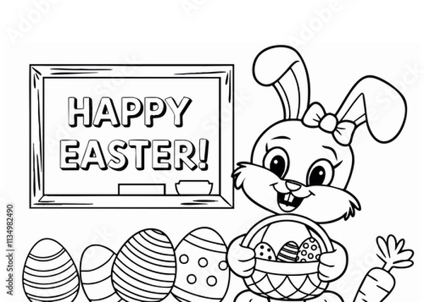Fototapeta Adorable Easter bunny in a basket with decorated eggs, perfect for coloring pages and festive designs