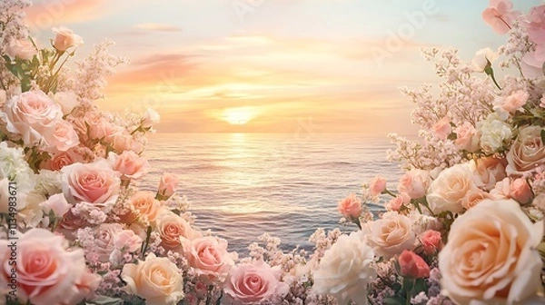 Obraz Romantic sunset over calm ocean framed by pastel roses and flowers.