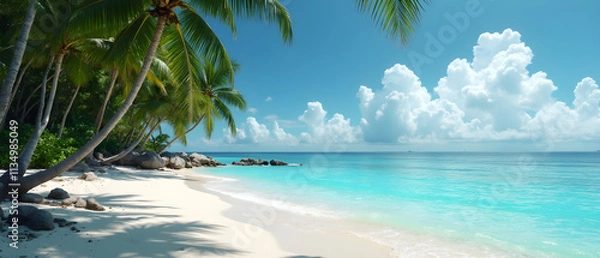 Fototapeta "Serene Tropical Paradise: Captivating Turquoise Waters and Lush Shores of an Ultrarealistic Beach Escape"