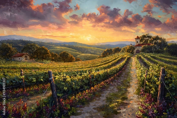 Obraz Sunset over lush vineyards with charming cottages in the rolling hills. Generative AI