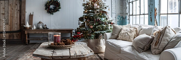 Obraz A Christmas tree adorned with natural pinecones, berries, and rustic garlands, in a Scandinavian-style home