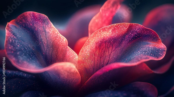 Fototapeta Close-up view of dew-kissed flower petals, showcasing vibrant colors and intricate textures. A captivating image for nature and floral lovers.