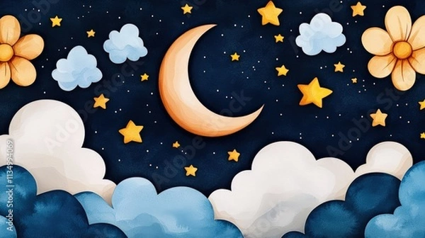 Obraz A whimsical night sky with a crescent moon, clouds, stars, and flowers creating a dreamy, enchanting atmosphere.