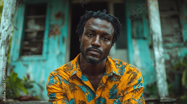 Fototapeta Portrait of a Man in a Tropical Shirt, Pensive Expression, Outdoors