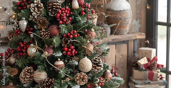 Obraz A Christmas tree adorned with natural pinecones, berries, and rustic garlands, in a Scandinavian-style home