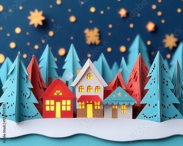 Fototapeta Papercrafted Christmas market scene with detailed stalls and tiny glowing lanterns under a starry winter sky, origami Papercut, holiday festivities
