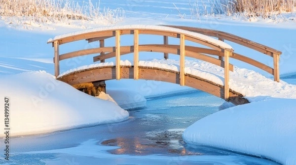 Fototapeta Snow-Covered Wooden Bridge Over a Frozen Stream in a Tranquil Winter Landscape