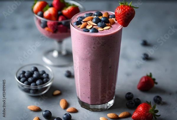 Fototapeta Vibrant blueberry smoothie with almonds and fresh berries, served in a tall glass on a wooden board, ai.