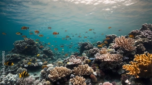 Fototapeta Underwater Paradise: A vibrant underwater scene showcasing a teeming reef teeming with life. Coral formations in various shades of pink, orange.