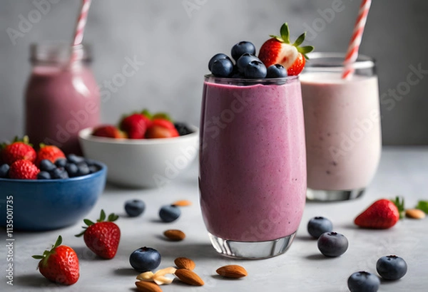 Fototapeta A tall glass of blueberry smoothie topped with fresh berries and almonds, set on a rustic wooden board, ai.