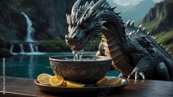 Fototapeta Dragon's Refreshment: A majestic, grey dragon takes a refreshing drink from an ornate metal bowl, slices of lemon nearby, set against a dramatic backdrop of waterfalls and mountains.