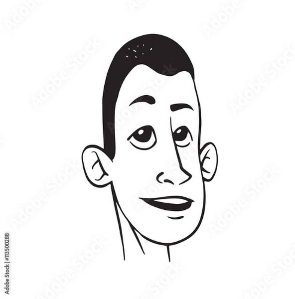 Fototapeta Vector cartoon image of a smiling man's head with big eyes and with short black hair on a white background. Made in a monochrome style. Vector illustration.