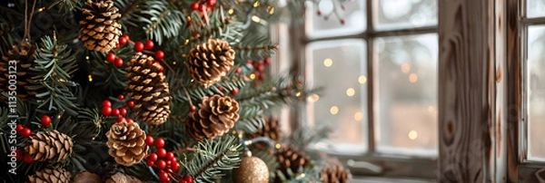 Obraz A Christmas tree adorned with natural pinecones, berries, and rustic garlands, in a Scandinavian-style home