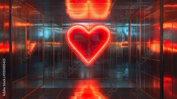 Fototapeta Red Neon Heart in a Modern Metal Room