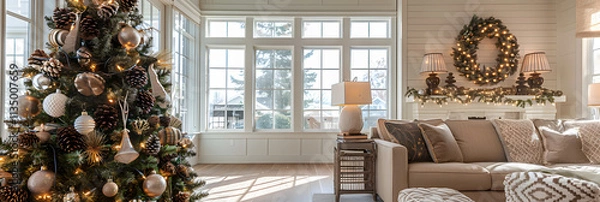 Obraz A Christmas tree adorned with natural pinecones, berries, and rustic garlands, in a Scandinavian-style home