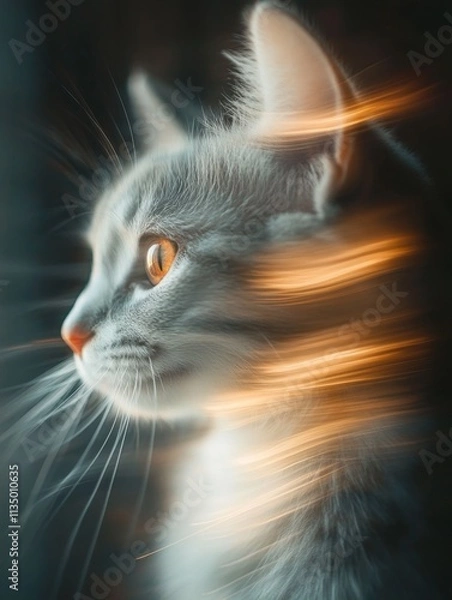 Fototapeta Artistic close-up of a cat with glowing fur in soft lighting