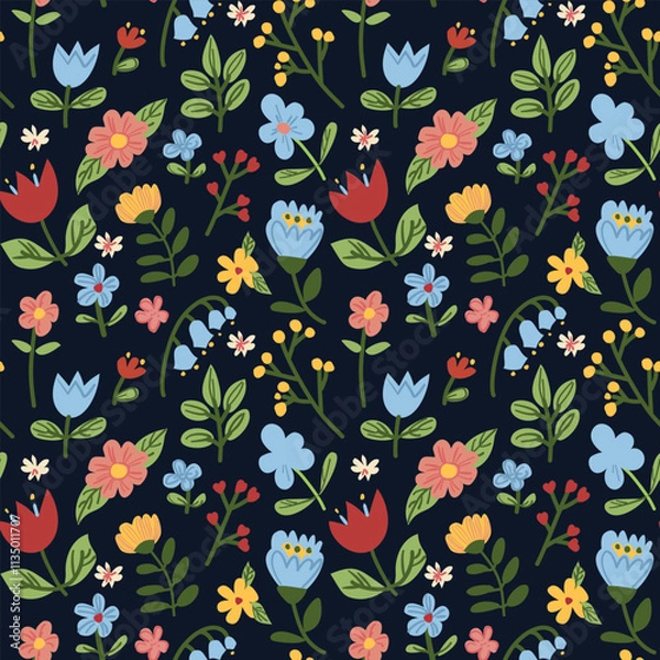 Fototapeta Cute spring seamless floral pattern. Colorful flowers on a black background. Hand-drawn minimalism