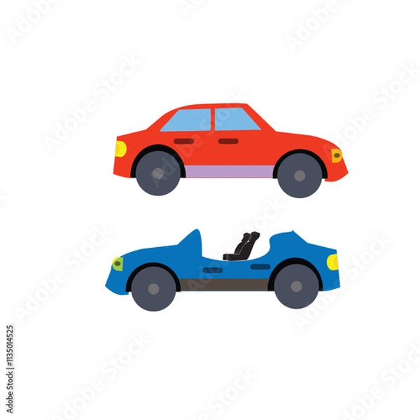 Fototapeta Vector illustration of modern  car in cartoon flat style. Simple picture of land vehicle transportation. Familiy car front and side view. Modern technology automobile. Colorful exterior body car