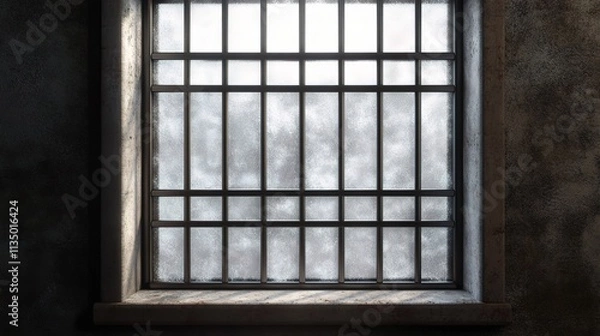 Fototapeta Frosted Glass Window with Metal Bars in a Dark Prison Environment