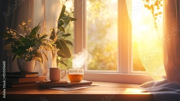 Obraz Warm morning sunlight streams through a window illuminating a cozy scene with tea, books, and flowers.