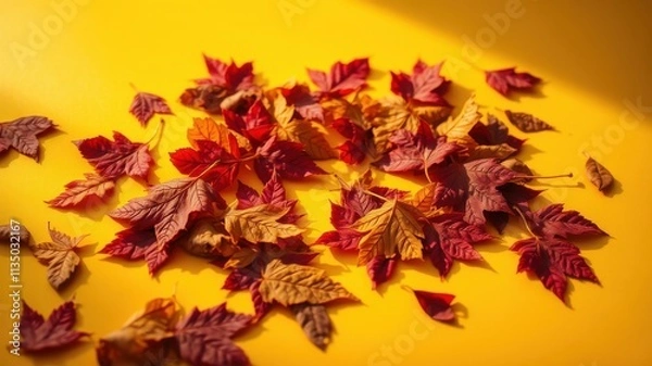 Fototapeta A symphony of autumn leaves in vibrant hues of red, orange, and yellow, scattered gracefully on a bright yellow background, bathed in the warm glow of sunlight.
