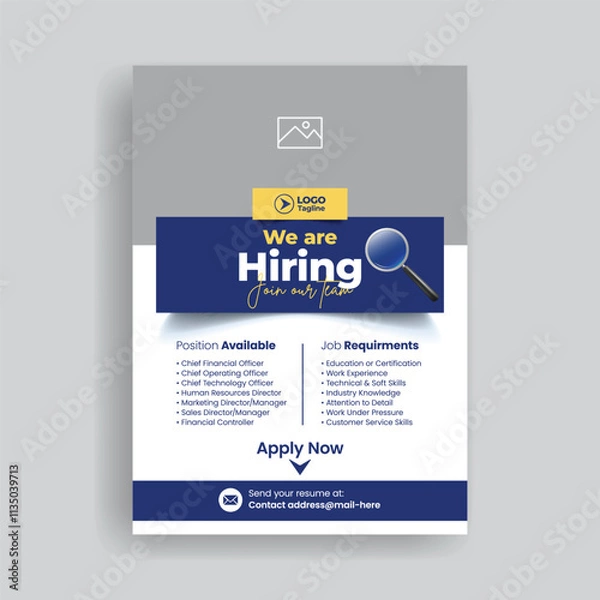 Obraz We are hiring editable print flyer or poster a4 size vertical template, Job offer leaflet design, Job Vacancy Flyer or poster, corporate business vector flyer or poster design